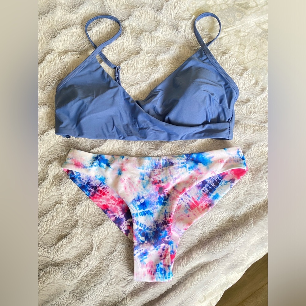 3/$15 2 piece bikini. Tie dye cheeky bottoms, blue top with adjustable straps